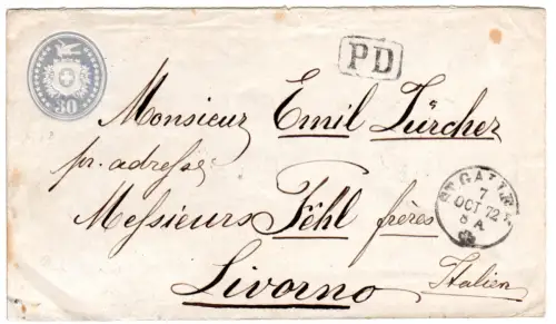 Schweiz 1872, 30 C. Tübli Ganzsache als PD Brief v. St. Gallen n. Italien