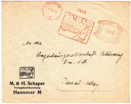 DR 1932, 4 Pf. AFSt. MHS (Schaper Verlagsbuchhandlung) auf Brief v. Hannover