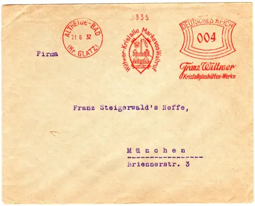 DR 1932, 4 Pf. AFSt. Wittmer Kristallglashütten-Werke auf Brief v. Altheide-Bad