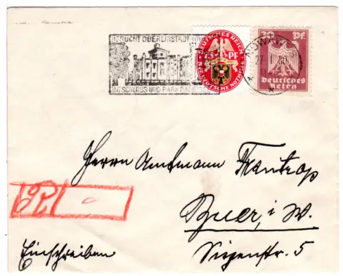 DR 1930, 30 +15 Pf. auf Brief v. Nowawes m. provisorischer Reko-Kennzeichnung 