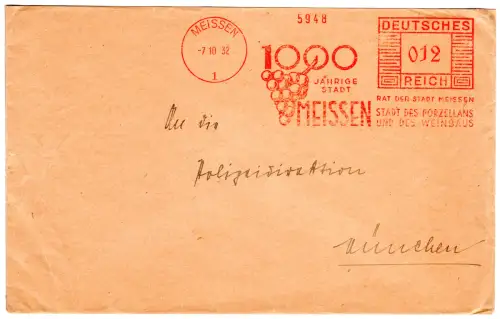DR 1932, 12 Pf. AFSt. 1000 Jährge Stadt...des Weinbaus auf Brief v. Meissen