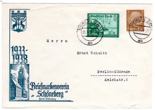 DR 1939, gebr. 3 Pf. Briefmarkenverein Schöneberg Privatganzsachenumschlag 