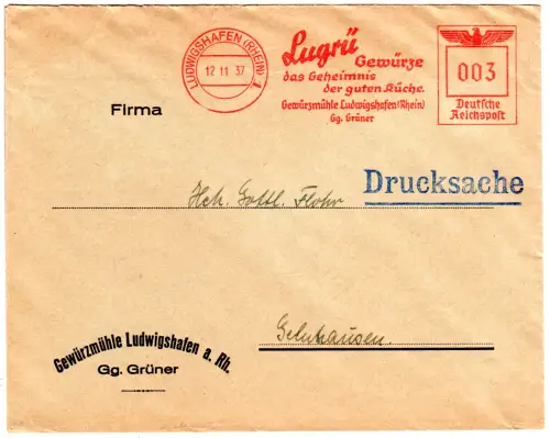 DR 1937, 3 Pf. AFSt. Lugrü Gewürze... auf Brief v. Ludwigshafen