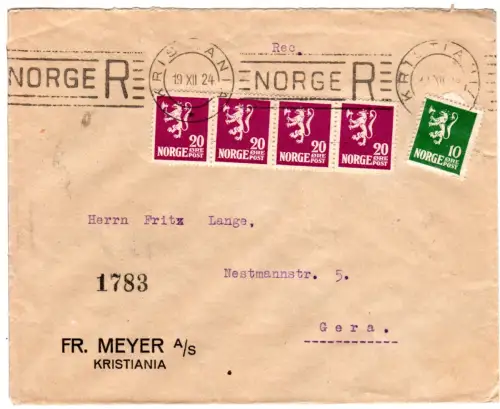 Norwegen 1924, 10+4er-Streifen 20 öre auf Brief m Kristiania Maschinen-R-Stempel