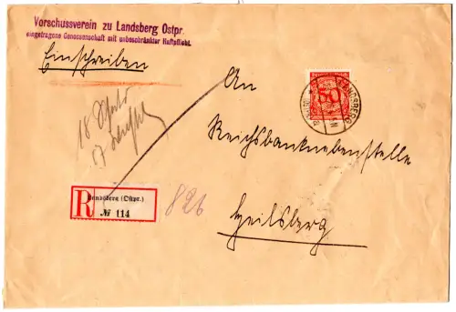 DR 1926, 50 Pf. auf Ostpreussen Einschreiben Brief v. Landsberg n. Heilsberg