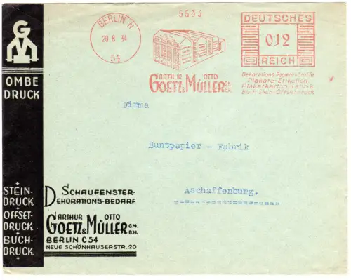 DR 1934, 12 Pf. Goetz & Müller Papiere und Stoffe auf Firmen Brief v. Berlin
