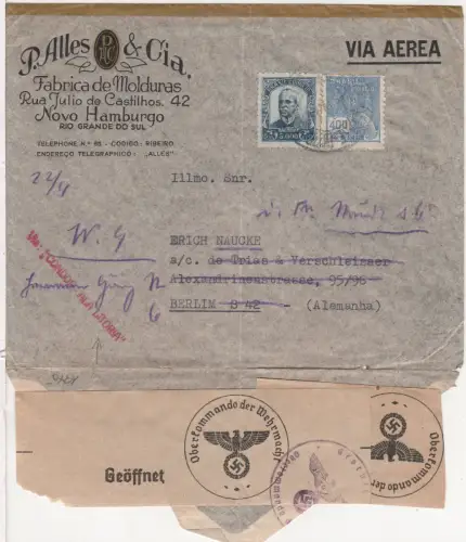 Brasilien 1940, 5000+400  R. auf Luftpost Brief m. L1 VIA "CONDOR-ALA LITORIA"