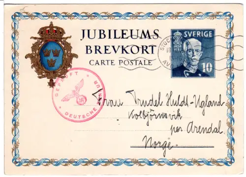 Schweden 1940, 10 öre Ganzsache v. Stockholm n. Arendal m. Norwegen Zensur