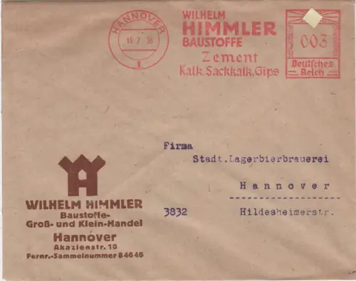 DR 1936, 3 Pf. AFSt. W. Himmler Baustoffe Zement, Kalk...auf Brief n. Hannover