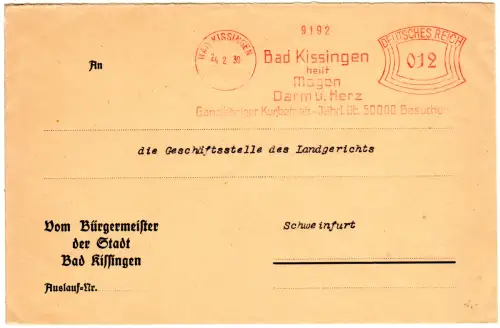 DR 1939, 12 Pf. AFSt. Bad Kissingen heilt Magen Darm u. Herz auf Amts-Brief 