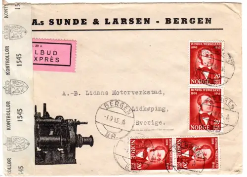 Norwegen 1945, MeF 4x20 öre auf Express Zensur Brief v. Bergen n. Schweden
