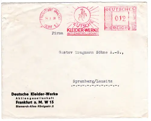 DR 1934, 12 Pf. AFSt. Deutsche Kleider-Werke AG auf Brief v. Frankfurt (Main)