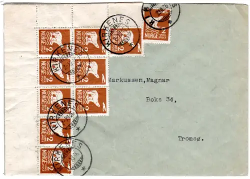 Norwegen 1936, 10x2 öre Amundsen Nordpolflug auf Nordnorwegen Brief v. Kirkenes