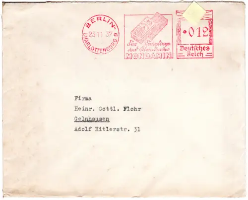 DR 1937, 12 Pf AFSt. Für Säuglinge...Mondamin auf Brief v. Berlin-Charlottenburg