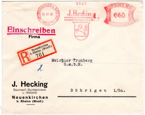 DR 1931, 60 Pf. AFSt. J. Hecking...-Buntspinnerei auf Reko-Brief v. Neuenkirchen