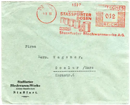 DR 1933, 12 Pf. AFSt. Stassfurter Dosen auf Brief d. Stassfurter Blechwerke AG
