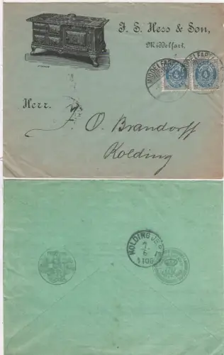 Dänemark 1897, Paar 4 öre auf illustriertem Firmenbrief v. Middelfart n. Kolding