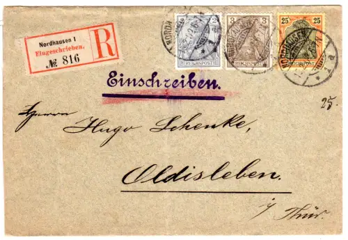 DR 1902, 2+3+25 Pf. Germania Reichspost auf Einschreiben Brief v. Nordhausen