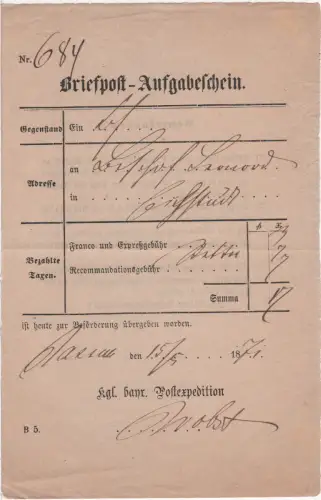 Bayern 1871, hds. Passau auf Express Postschein f. einen Reko-AR Bischofs-Brief