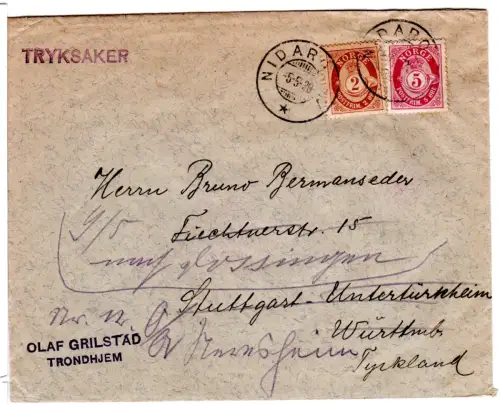 Norwegen 1930, 2+5 öre auf Trondheim Drucksache-Brief m. Stpl. NIDAROS V.