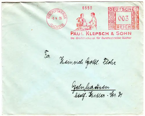 DR 1935, 3 Pf. AFSt. P. Klepsch & Sohn Großdruckerei auf Brief v. Bischofswerda