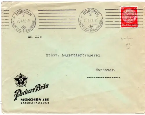 DR 1936, 12 Pf. m. perfin auf Brauerei Brief v. München