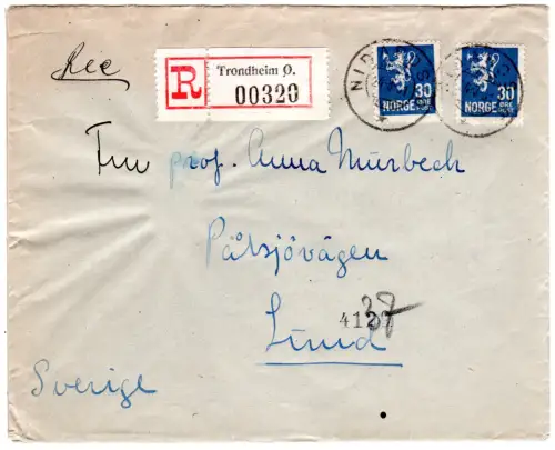 Norwegen 1931, 2x30 öre auf Trondheim Einschreiben-Brief m. Stpl. NIDAROS Ö.