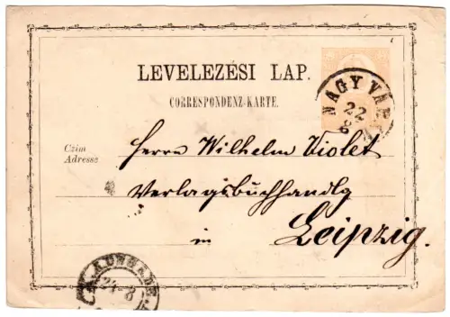 DR. 1872, Ausgabe Hufeisen-Ankunftstempel v. Leipzig auf 2 Kr. Ungarn Ganzsache