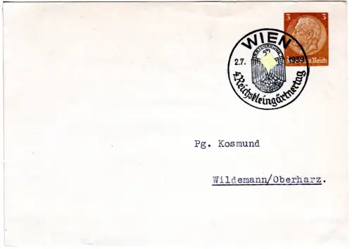 DR 1939, 3 Pf. Privatganzsache m. Sonderstpl. Wien 4. Reichskleingärtnertag