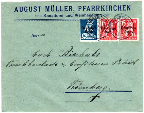 DR 1921, 30+2x15 Pf. Bayern-Abschied auf Firmen Brief v. Pfarrkirchen