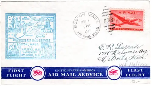 USA 1947, 5 C. auf Erstflug Brief Boston-Halifax-Yarmouth-St. John Canada