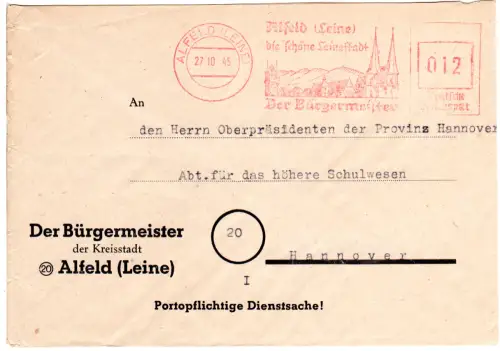 1945, 12 Pf. AFSt. Alfeld die schöne Leine-Stadt auf Bürgermeister Brief
