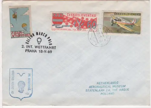 Tschechoslowakei 1969, Ballonpost Brief v. Prag m. Vignette i.d. NL