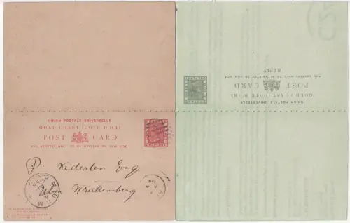 Gold Coast 1894, 1d double card used without any message from Accra to Germany