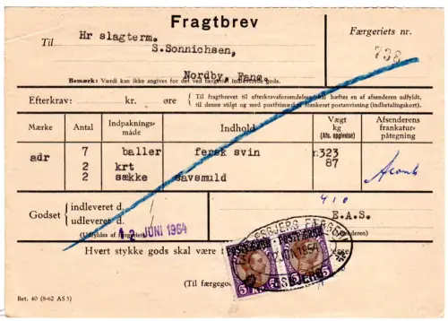 Dänemark 1964, MeF Paar 5 Kr. Postfaerge auf Frachtbrief m. Esbjerg Faergeri