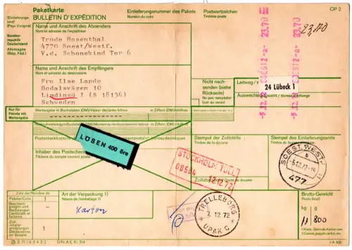 BRD 1972, Paketkarte v. Soest m. Registrierkassen-Frankatur u. Schweden Porto