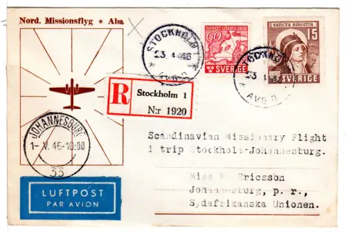 Schweden 1946, Nord. Missionsflyg Stockholm-Südafrika, Reko Erstflug Brief