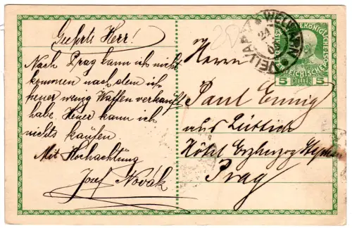 Österreich 1909, 2-sprachiger Böhmen-K2 Velvary Welwarn auf 5 H. Ganzsache