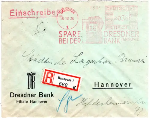 DR 1936, 38 Pf. AFSt. Dresdner Bank auf Einschreiben Brief v. Hannover