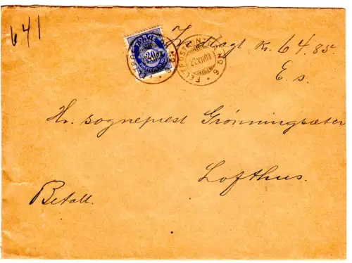 Norwegen 1908, 20 öre auf Wertbrief m. Stpl. FELTPOSTKONTOR No 6
