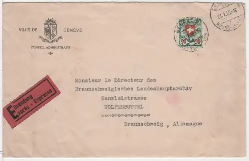 Schweiz 1935, EF 90 C. auf offiziellem Eilboten Brief der Stadt Genf 