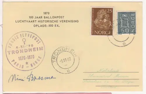 Norwegen 1970, 2 Marken auf Ballonpostkarte v. Trondheim m. Unterschrift n. NL