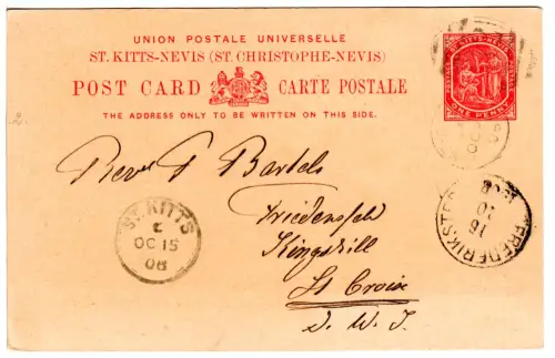 St. Kitts-Nevis 1908, 1d Ganzsache via Frederiksted n. St. Croix DWI