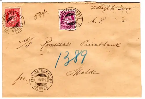 Norwegen 1919, 25+10 öre auf Wertbrief m. Stpl. FELTPOSTKONTORET VAERNES