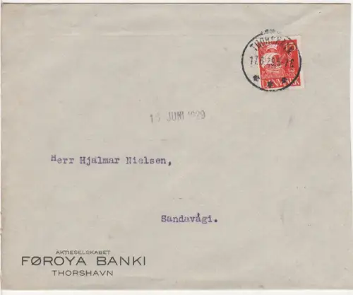 Faeroer 1929, Dänemark 15 öre auf Inlands Bank-Brief v. Thorshavn