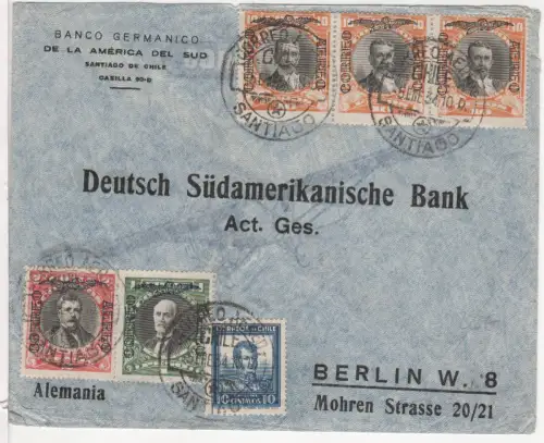 Chile 1934, 10 C.+5 Correo Aereo Marken auf Luftpost Brief v. Santiago n. Berlin