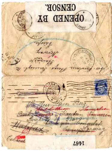 Norwegen 1916, 20 öre auf Nachsende Brief v. Stavanger n. Uruguay u. Canada