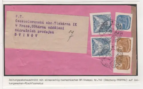 Tschechoslowakei 1937, 5 Marken auf Päckchenadresse m. Bahnpost Bohumin-Opava