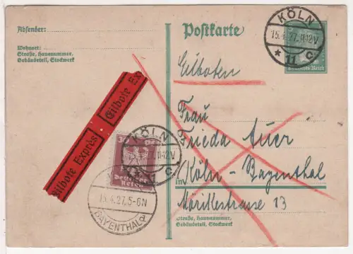 DR 1927, 30 Pf. auf 5 Pf. Ganzsache als Orts-Eilbotenkarte n. Köln-Bayenthal