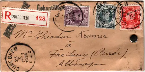 Belgien 1924, 3 Marken auf Reko Muster ohne Wert Sendung v. Cureghem n. Freiburg
